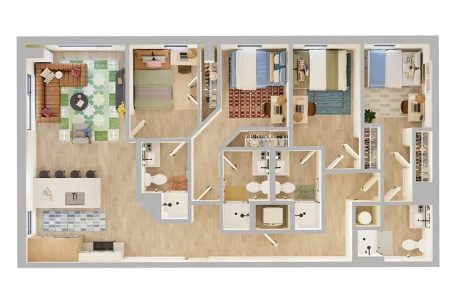 Modern open-concept floor plan featuring 4 spacious bedrooms, a vibrant living area, and a sleek kitchen with island seating.