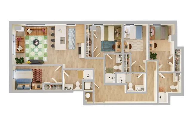 Contemporary 3-bedroom apartment floor plan featuring an open-concept living area, modern kitchen island with seating, and three stylish bathrooms.