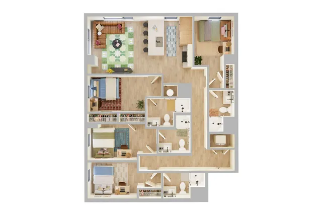 Elegant 3D floor plan showcasing 4 spacious bedrooms, a modern kitchen, and a cozy living area with stylish furnishings.