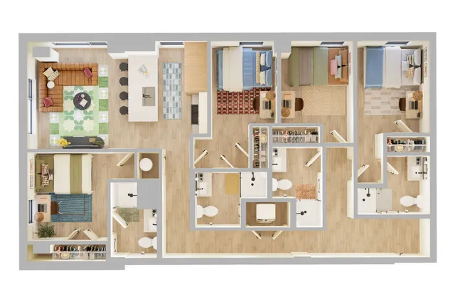 Elegant 3D floor plan displaying a modern apartment layout with 4 bedrooms, 2 stylish bathrooms, an open-concept kitchen with an island, and a chic living area on polished wooden floors.