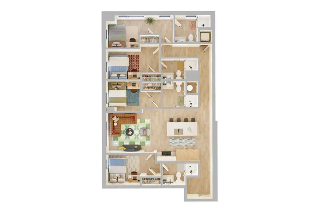 Contemporary 3-bedroom floor plan featuring an open-concept living and dining area, a spacious kitchen with island seating, and two modern bathrooms.