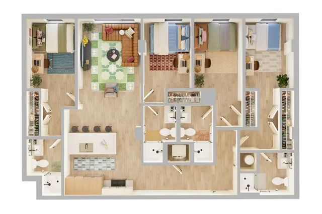 Elegant 3-bedroom floor plan showcasing an open-concept living area, modern kitchen with island seating, and dual bathrooms for comfort and convenience.