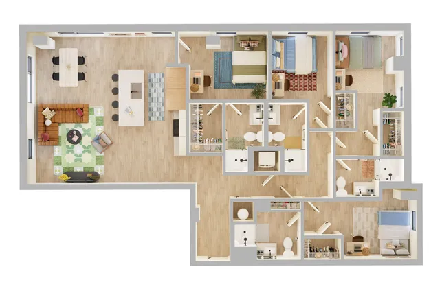 Modern 3-bedroom apartment floor plan with open-concept living and dining area, spacious kitchen, two elegant bathrooms, and ample storage space.