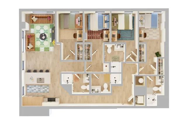 Bright 3D floor plan featuring 4 spacious bedrooms, a cozy living area, modern kitchen with island seating, and elegant bathrooms offering contemporary apartment living.