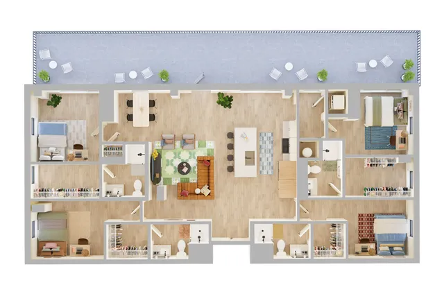 Elegant floor plan showcasing 3 spacious bedrooms, open-concept kitchen with island, and a stylish living area that leads to a large balcony perfect for relaxation.