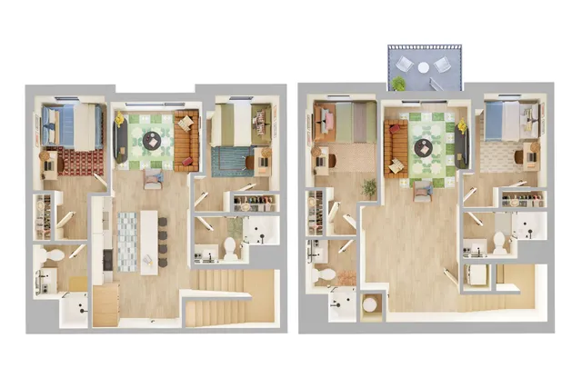 Elegant two-story floor plan showcasing three spacious bedrooms, modern open-concept living area, stylish kitchen, and inviting balconies.