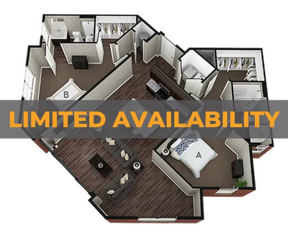 Modern 2D floor plan showcasing two spacious bedrooms, elegant living area, and well-appointed kitchen. Limited availability.