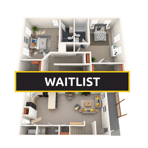 Contemporary 3D apartment floor plan showcasing a stylish layout with two bedrooms, open-plan living and dining area, modern kitchen, and cozy balcony.