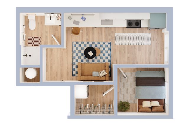 Chic and functional apartment floor plan featuring a cozy bedroom, modern living area, and compact kitchen, ideal for urban living.