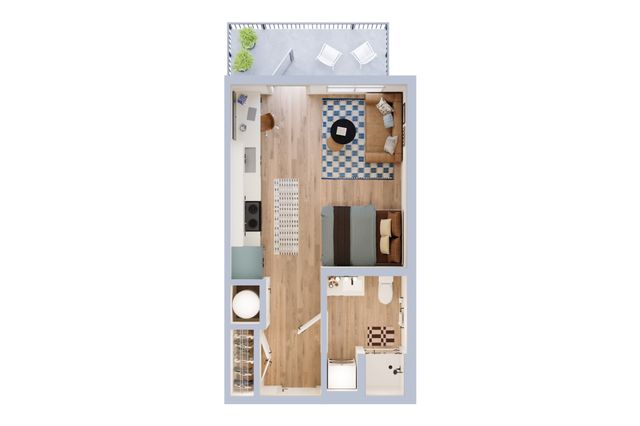 Contemporary studio apartment floor plan featuring an open layout with a cozy bedroom, sleek kitchen, modern living area, compact bathroom, and private balcony.