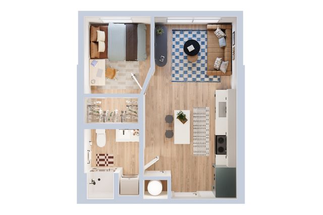 Chic floor plan featuring an inviting open-concept living area, cozy bedroom, modern kitchen, and stylish bathroom layout.