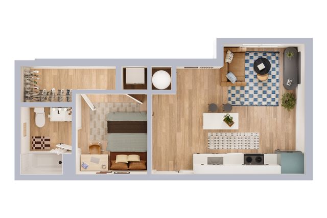 Charming 2D floor plan showcasing a cozy one-bedroom apartment with a modern living area, functional kitchen, and stylish bathroom.