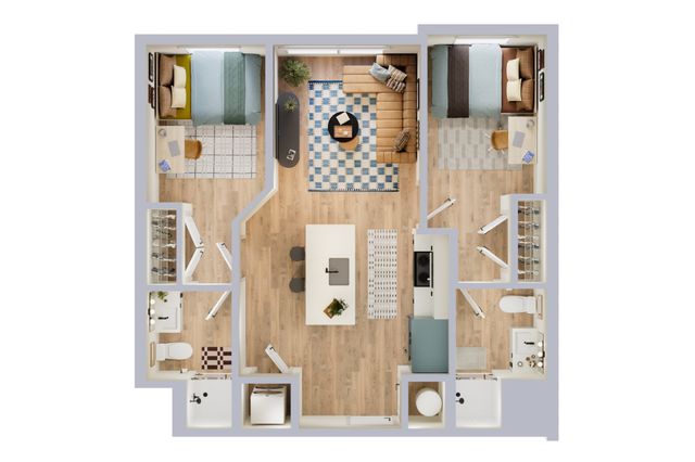 Modern 2D floor plan showcasing a cozy 2-bedroom apartment with open living space, stylish kitchen island, and private bathrooms.