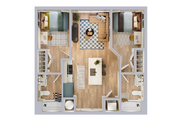 Modern 2D floor plan showcasing 2 elegant bedrooms, a cozy open-concept living and dining area, and a sleek kitchen.