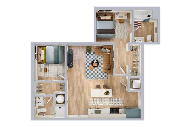 Modern 2D floor plan showcasing two cozy bedrooms, spacious open-concept living area, sleek kitchen with island, and two stylish bathrooms.