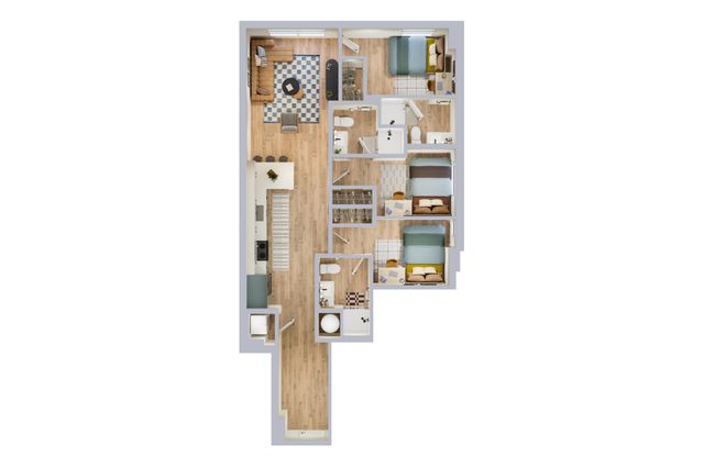 Inviting floor plan featuring 3 bedrooms, modern kitchen with island seating, vibrant living area, and thoughtfully designed bathrooms.