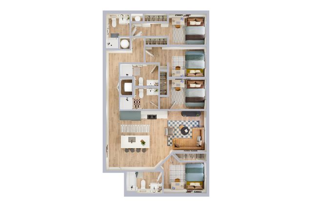 Modern 3-bedroom apartment floor plan showcasing an open living area, stylish kitchen, and two sleek bathrooms with wooden flooring.