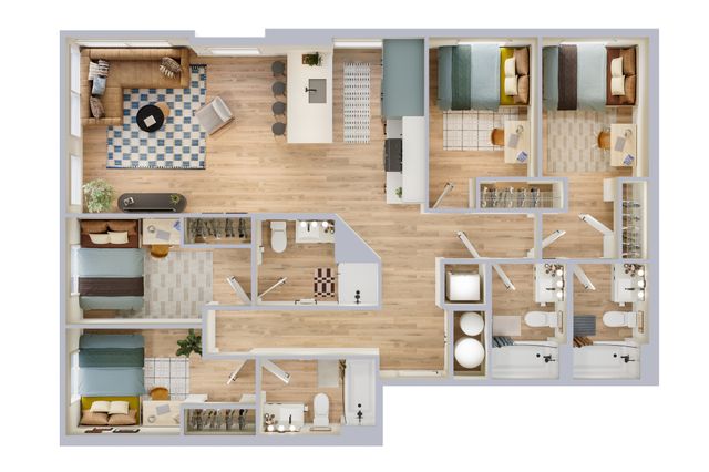 Elegant floor plan showcasing 3 bedrooms with cozy layouts, an open-concept living and dining area, stylish kitchen, and modern bathrooms, perfect for comfortable family living.