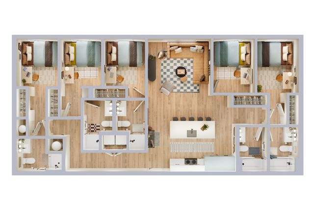 Elegant 3-bedroom apartment floor plan featuring a spacious living and dining area, modern kitchen, and two luxurious bathrooms accented with sleek, contemporary design.