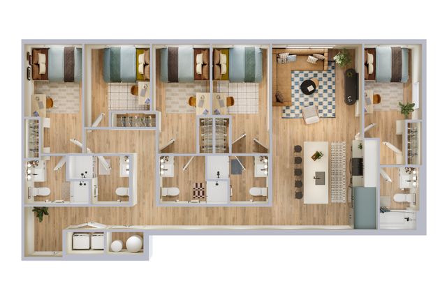 Modern floor plan showcasing 4 bedrooms, an elegant open-concept living and dining area, plus a sleek kitchen with island seating.