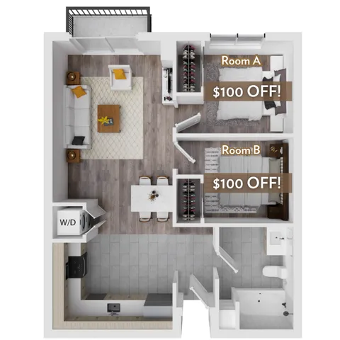 Modern 2D floor plan featuring two stylish bedrooms with $100 off, cozy living room, elegant dining area, and contemporary kitchen.