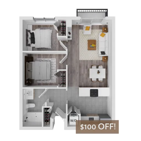 Modern 3D floor plan showcasing 2 bedrooms, a cozy living room, and a contemporary kitchen with $100 off special offer.