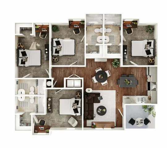 Elegant floor plan showcasing 3 spacious bedrooms, a cozy open-concept living room, and a modern kitchen with a stylish dining area.