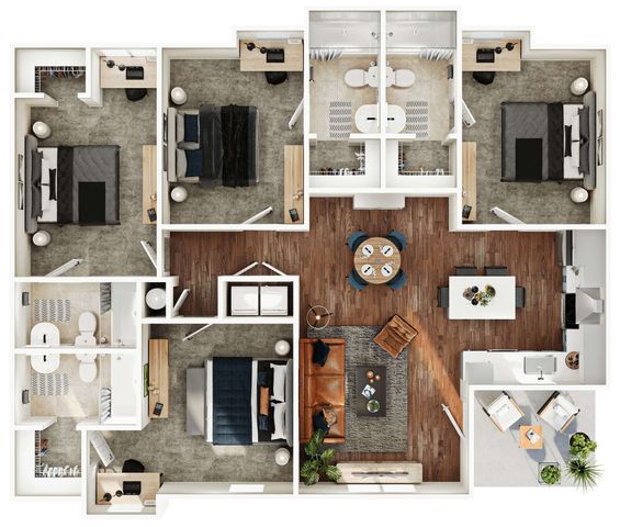 Modern floor plan showcasing three bedrooms, a stylish open-concept living and dining area, and a sleek kitchen with contemporary finishes.