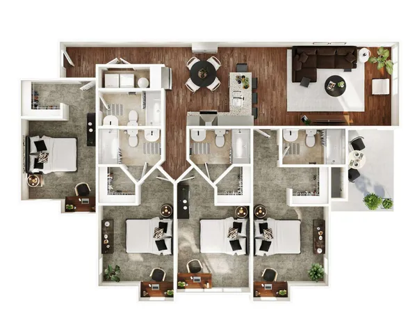 Elegant 3D floor plan showcasing 3 bedrooms, modern kitchen, spacious living area, and two bathrooms, perfect for family living.