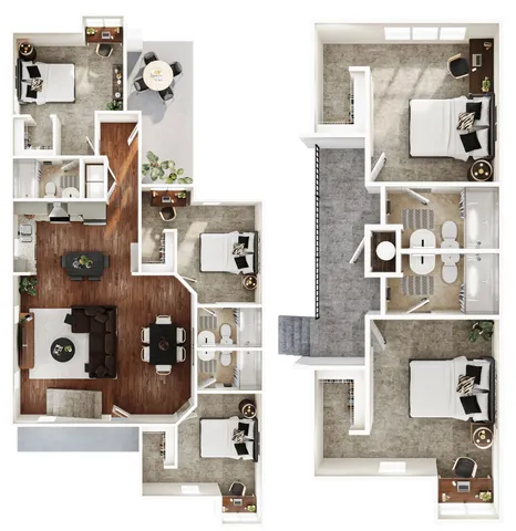 Chic floor plan showcasing three bedrooms, an elegant living area with wooden flooring, open dining nook, and two modern bathrooms.