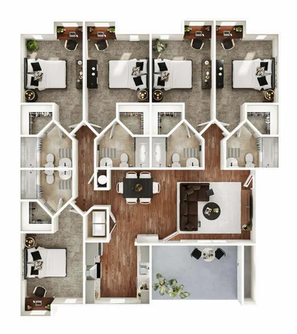 Luxurious floor plan showcasing four modern bedrooms, spacious bathrooms, cozy living area, elegant dining space, and a chic kitchen, complemented by a private balcony.
