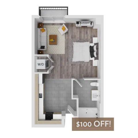 Modern floor plan showcasing a cozy 1-bedroom apartment with an open living area and balcony access, featuring a special $100 discount offer.