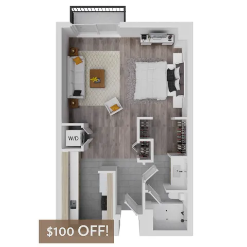 Modern open-concept floor plan with inviting living area, cozy bedroom, and functional kitchen, offering $100 off deal.