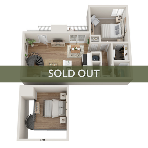 Modern 3D floor plan showcasing a stylish apartment with two bedrooms, one on a separate loft level, a cozy living room, and an elegant spiral staircase. Sold out status highlighted.