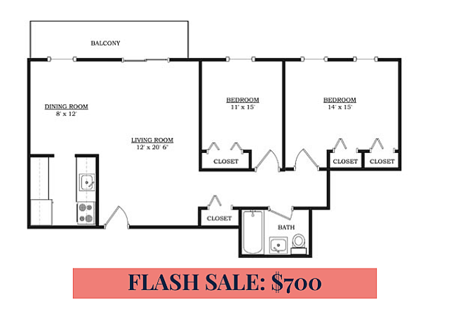 Modern floor plan highlighting an open-concept living and dining area, two spacious bedrooms, a well-equipped kitchen, and a delightful balcony. Flash Sale: Only $700!