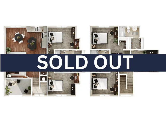 Chic 2D floor plan showcasing a stylish apartment layout with three bedrooms, modern kitchen, and spacious living area, highlighted by contemporary design. SOLD OUT banner overlay.