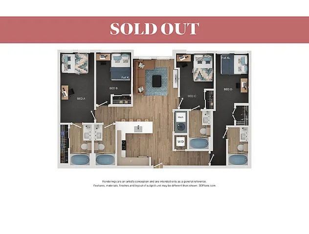 Contemporary 4-bedroom floor plan featuring a spacious open living room, modern kitchen, and multiple bathrooms, ideal for comfortable living.