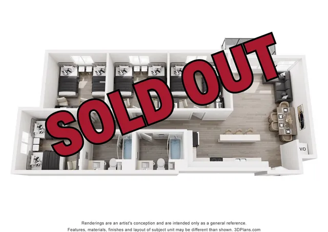 Spacious 3D floor plan showcasing a vibrant three-bedroom apartment with modern open-concept living and dining area, featuring a sleek kitchen design. Includes two contemporary bathrooms for added comfort. Recently sold out due to high demand.