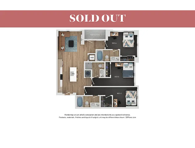 Contemporary apartment floor plan with 3 bedrooms, open living area, and modern kitchen, featuring stylish layout.