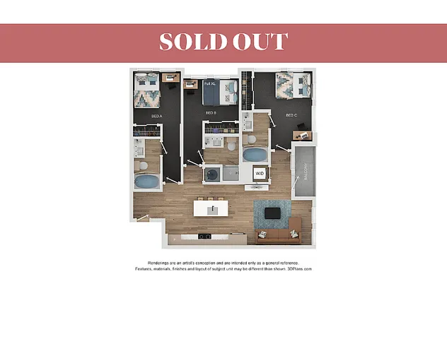 Modern floor plan showcasing a stylish 3-bedroom apartment with open-concept living area and contemporary kitchen.