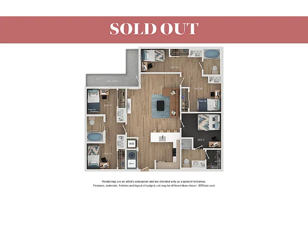 Sleek 3D floor plan showcasing a modern four-bedroom apartment with an open living room, two twin XL beds, luxurious bathrooms, and a private balcony.