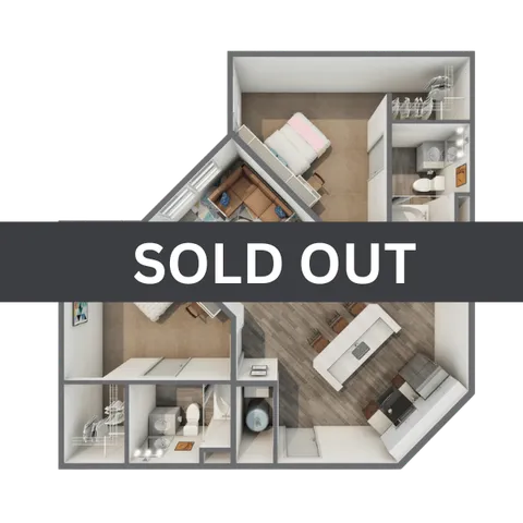 Elegant 3D floor plan showcasing a cozy two-bedroom apartment with a modern open kitchen and inviting living area.