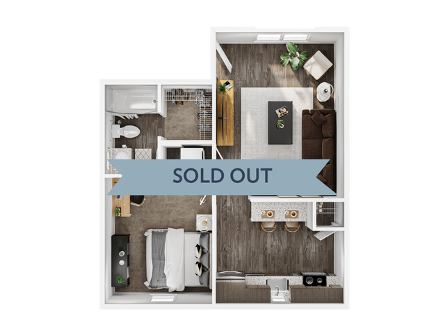 Modern 1-bedroom apartment floor plan with open-concept living space, stylish kitchen, and cozy bedroom, marked as sold out.