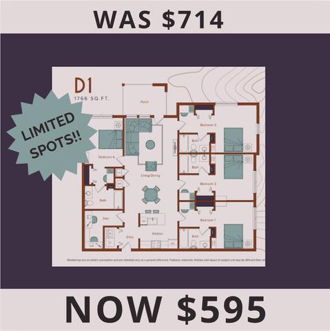Exclusive floor plan offer: 1766 sq ft D1 layout with 4 bedrooms, open-concept living and dining, modern kitchen, and porch. Originally $714, now just $595&mdash;limited spots available!