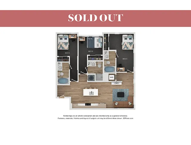 Contemporary floor plan illustrating a stylish 3-bedroom apartment with open-concept living and dining area, modern kitchen, and two elegant bathrooms.