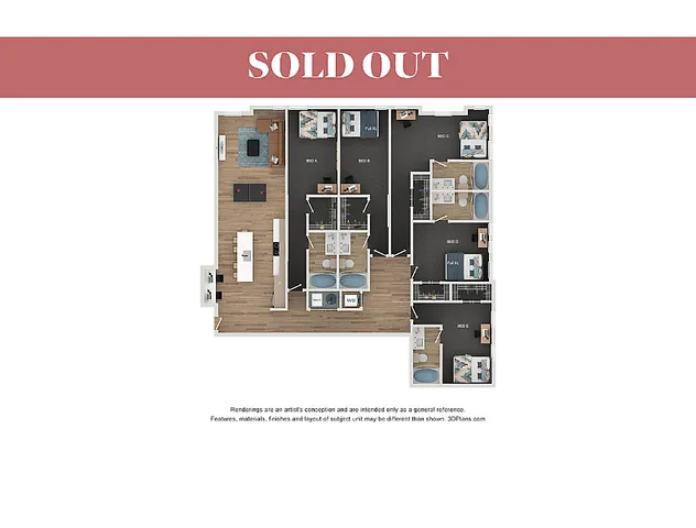 Modern apartment floor plan with 3 bedrooms, a spacious living area, and a sleek kitchen, showcasing a stylish open layout.