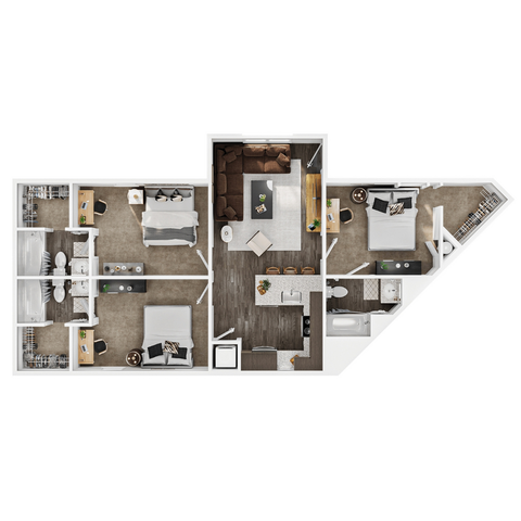 Modern apartment floor plan showcasing three bedrooms, three bathrooms, a cozy living room, and an open kitchen, designed for comfortable living.
