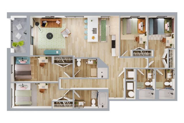 Modern 2D floor plan showcasing 4 spacious bedrooms, a stylish open-concept living and dining area with balcony, and a chic kitchen. Includes 2 bathrooms and ample closet space, offering comfort and functionality.