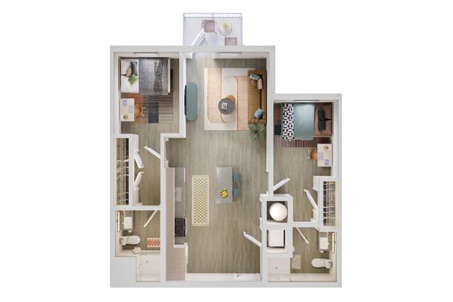 Modern floor plan showcasing an open-concept living space with two bedrooms, each with workspace, and a stylish balcony.