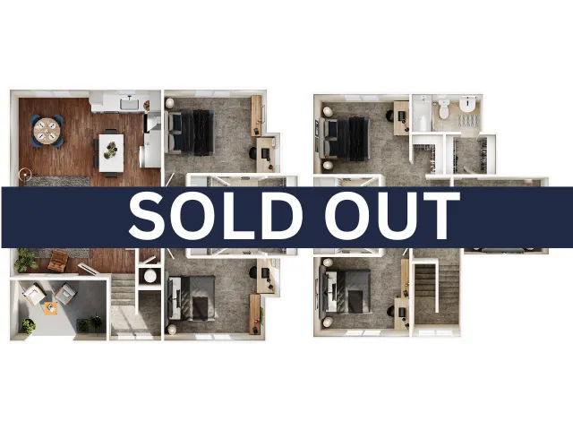 Modern 3-bedroom floor plan with open-concept living area, elegant kitchen, and balcony space. SOLD OUT